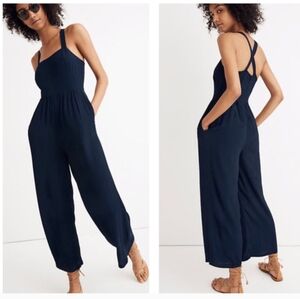 Madewell Navy Blue Smocked Crop Jumpsuit Criss Cross Back Size 4